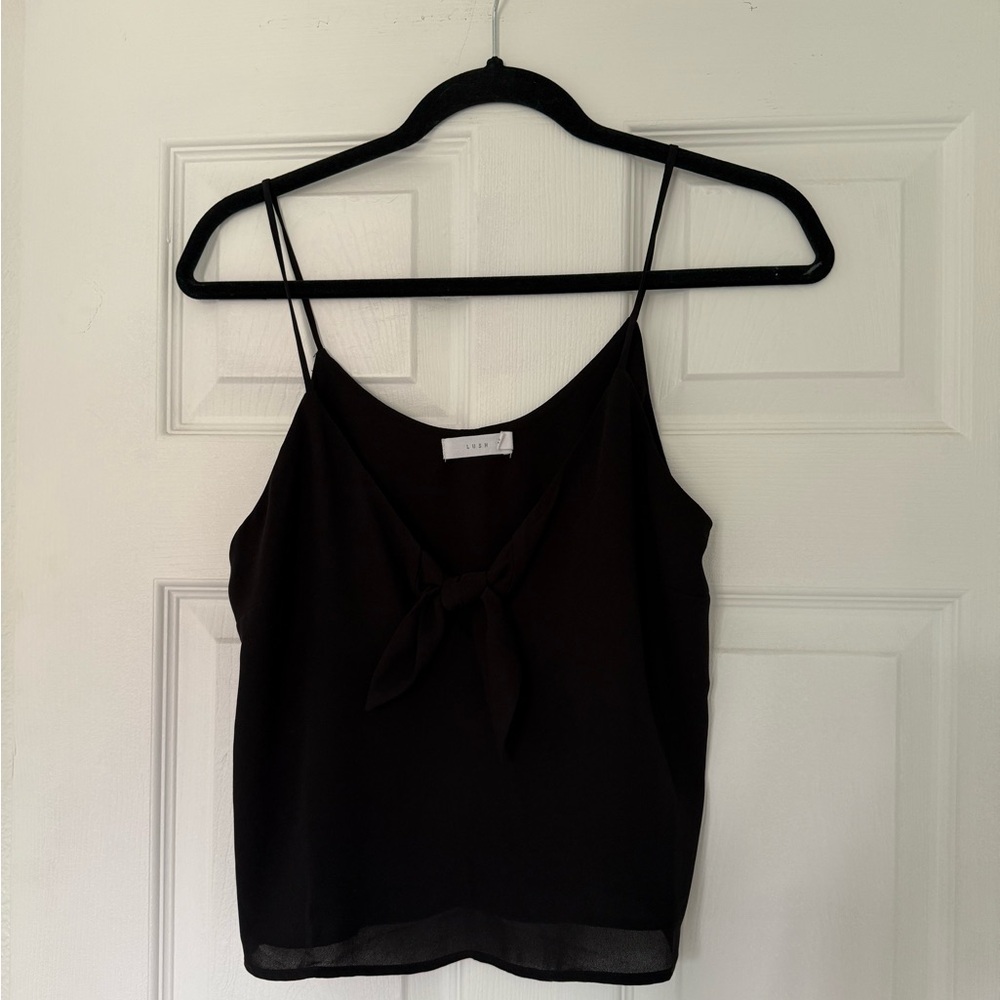 Lush Black Sheer Tank Top with Front Bow – Size Medium